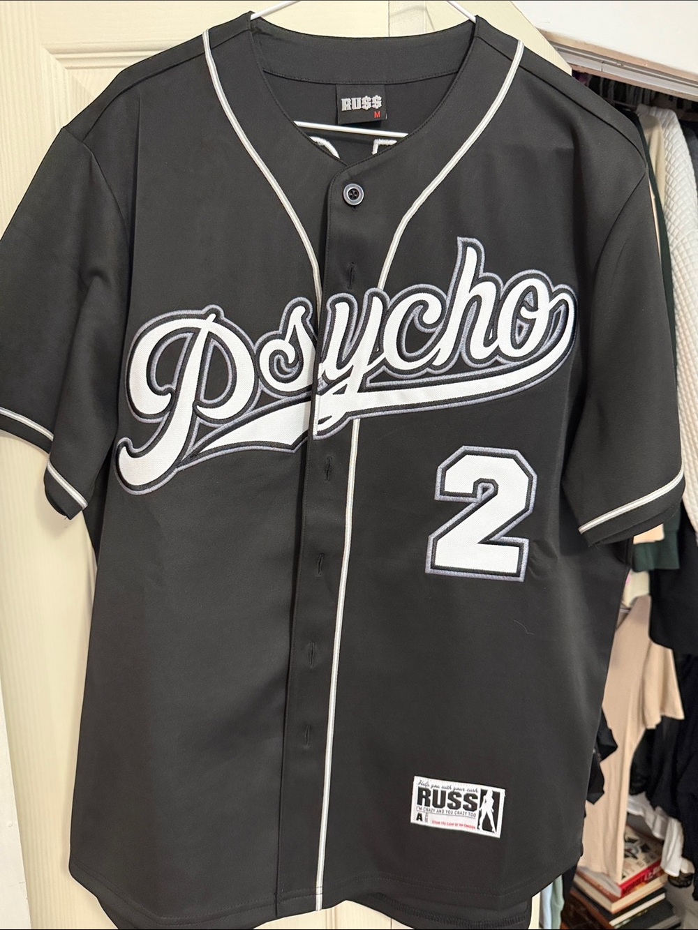 RUSS Black Baseball Jersey with White Script 'Psycho' and Number 2